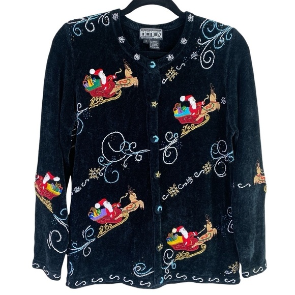 Berek Black Vintage Appliquéd Beaded Christmas Holiday Sweater Cardigan SZ S - Picture 1 of 12
